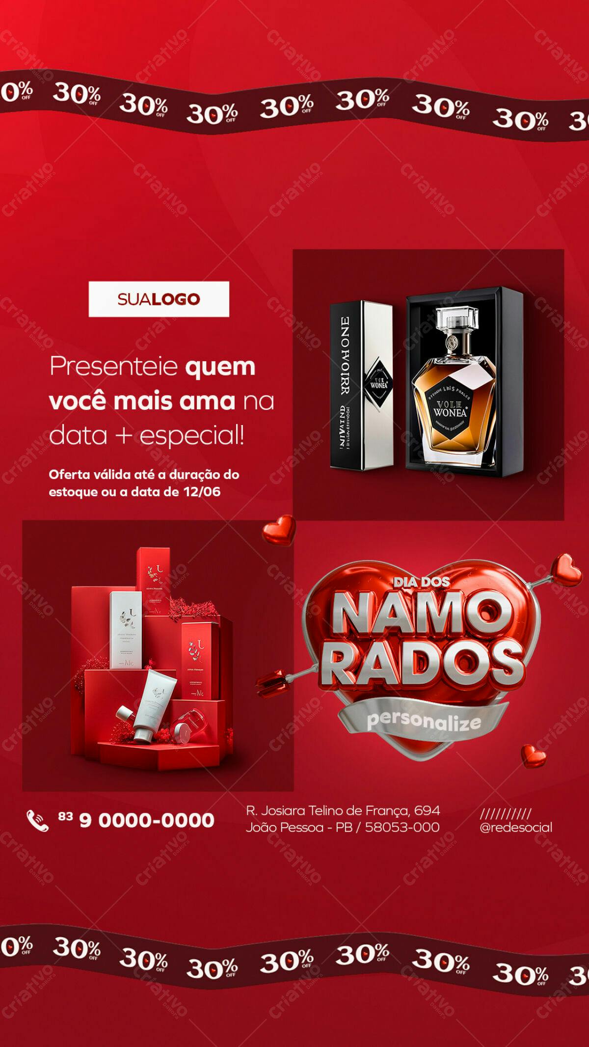 Flyer Dia dos Namorados com Produtos de Beleza e Perfume PSD Editável