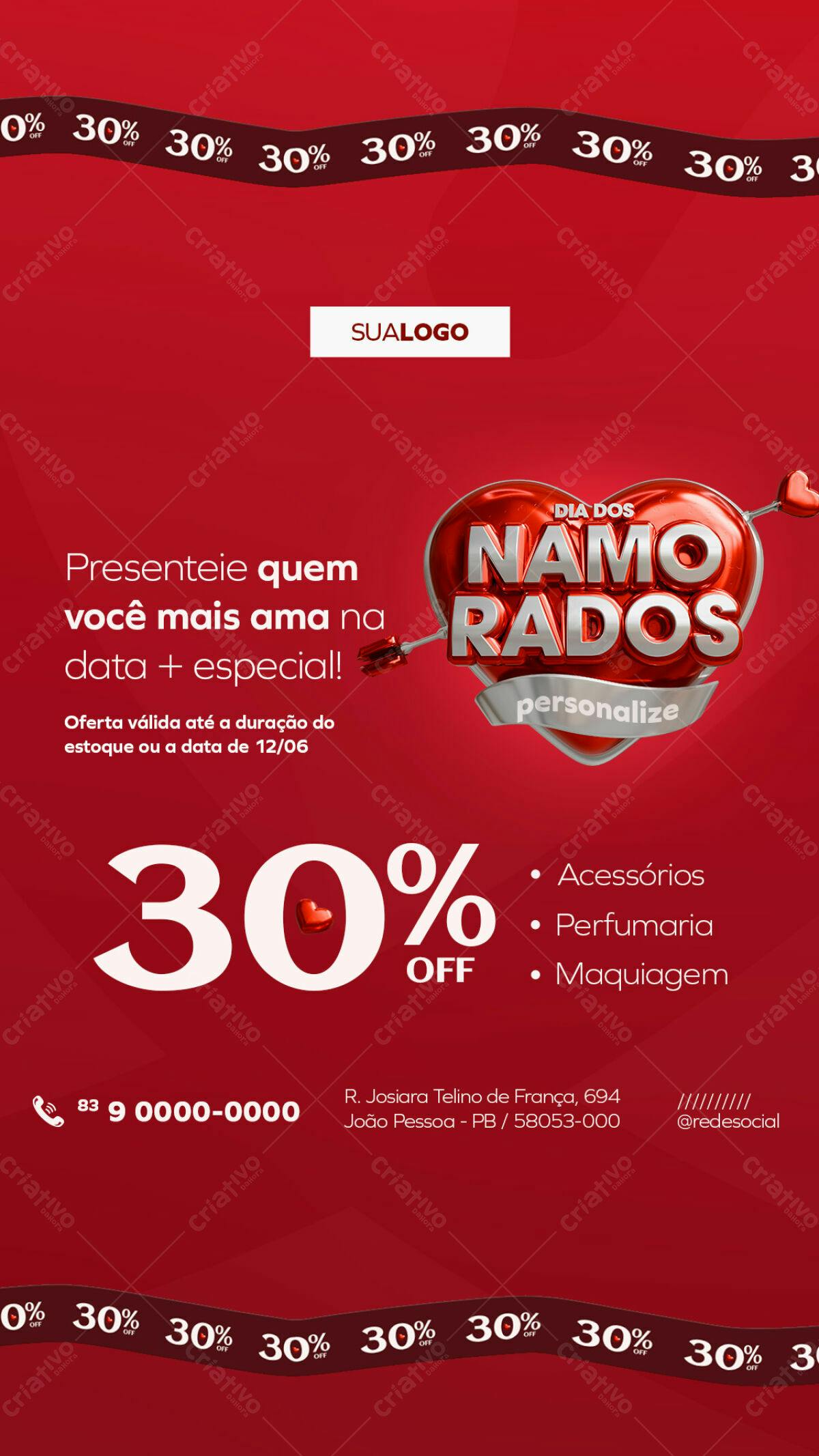 Flyer Dia dos Namorados com 30% OFF PSD Editável