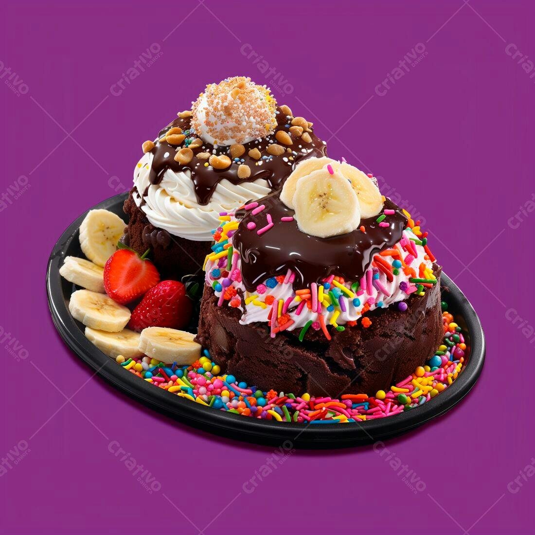 Sobremesa de chocolate com morangos e banana
