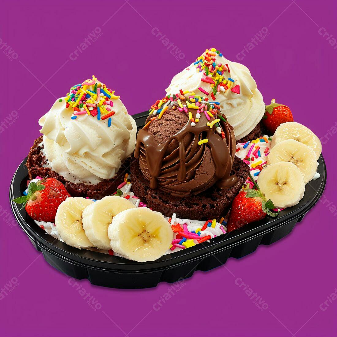 Sobremesa com sorvete brownie e frutas