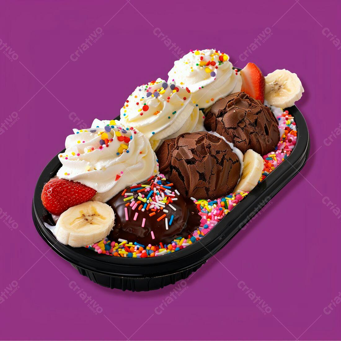 Sundae de sorvete com chocolate e morango