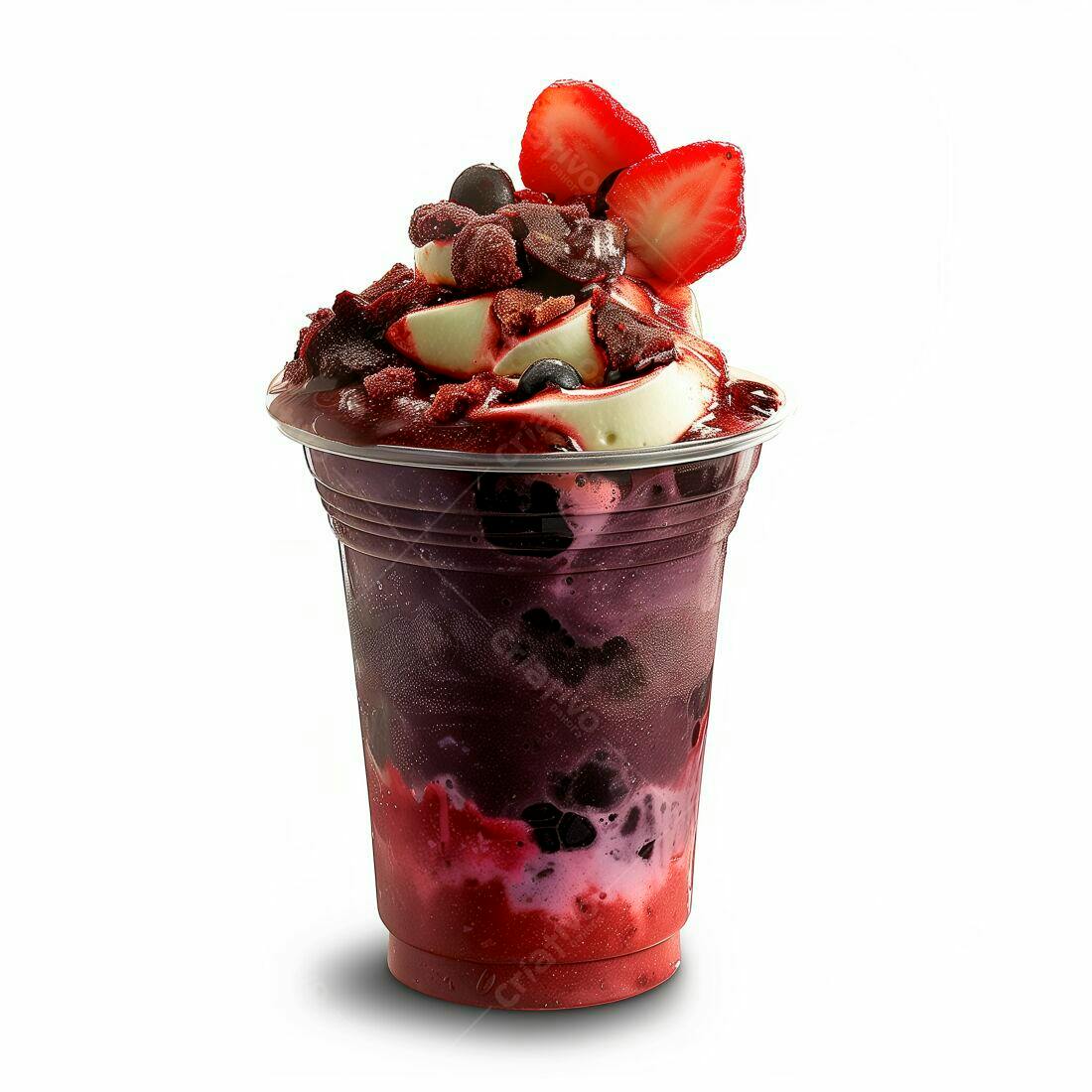 Açaí com morango e farofa em copo plástico