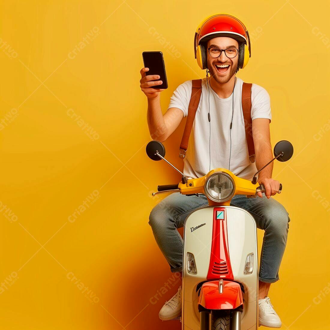 Homem alegre em scooter mostrando celular