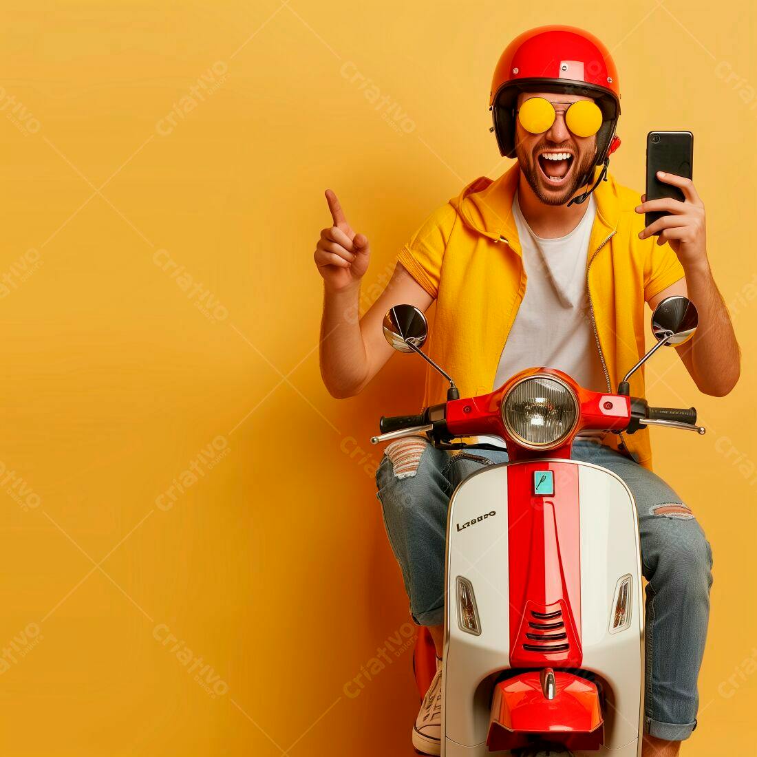 Entregador alegre em scooter vermelha usando celular
