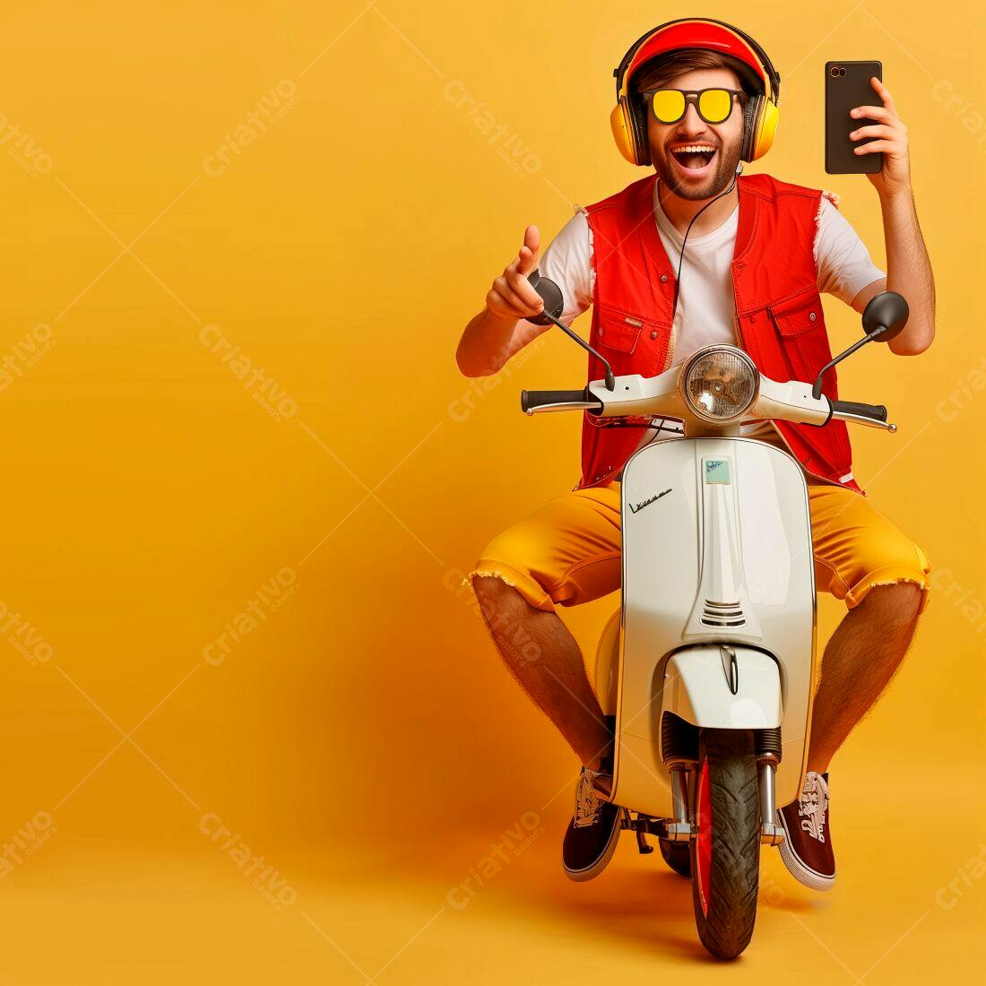 Homem alegre em scooter branca fundo amarelo