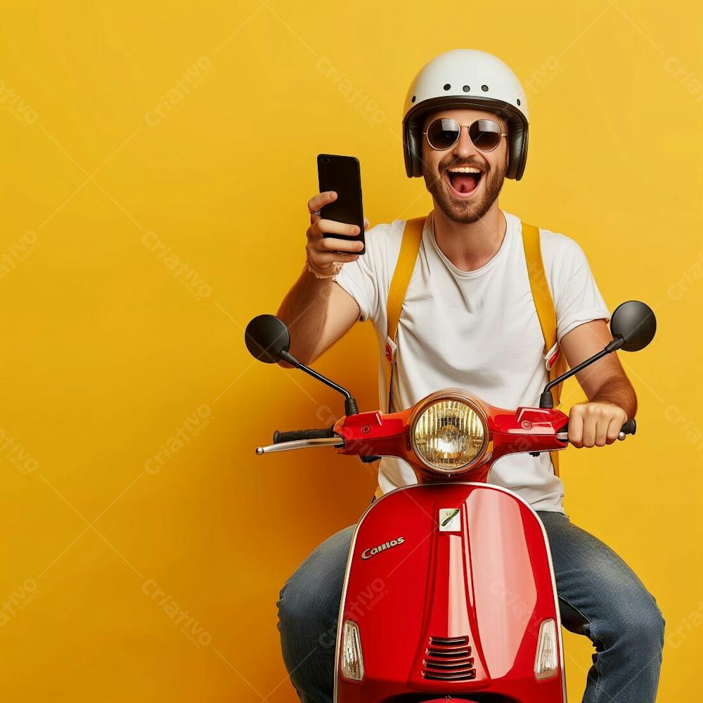 Entregador, Delivery, Homem Sentado Em Uma Motocicleta