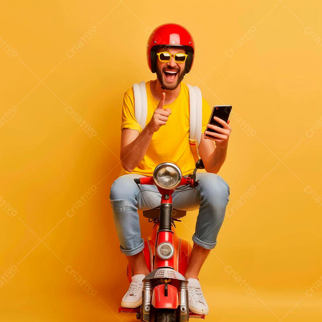 Homem feliz em scooter vermelha usando celular