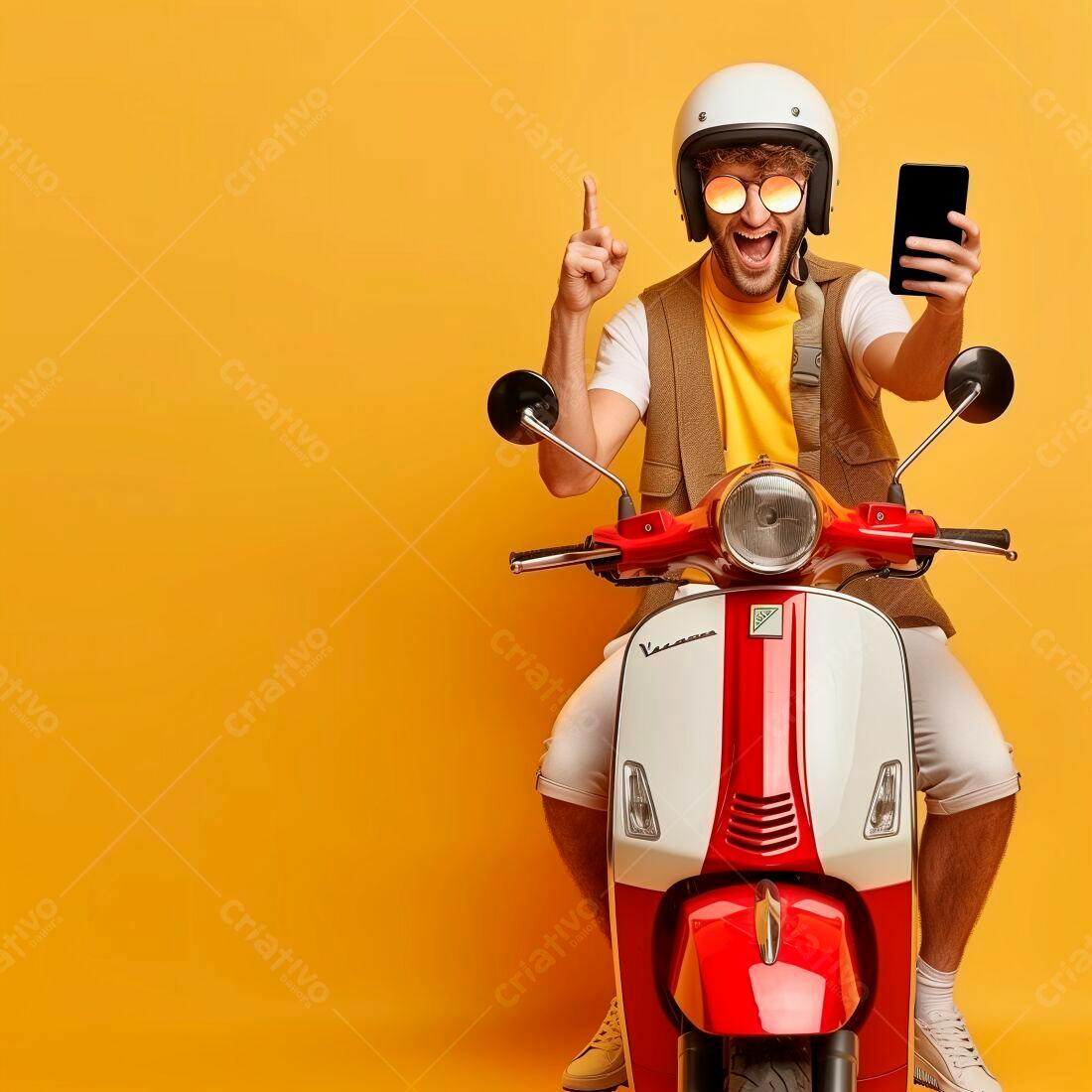 Homem feliz em scooter vermelha mostrando celular