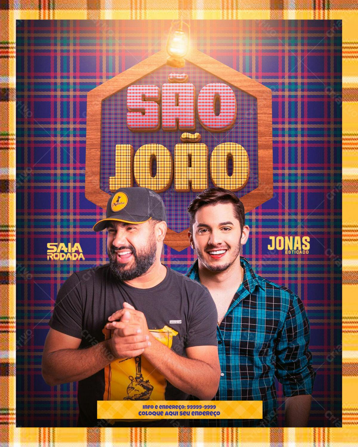 Flyer Festa Junina com Saiara Rodada e Jonas Esticado PSD Editável