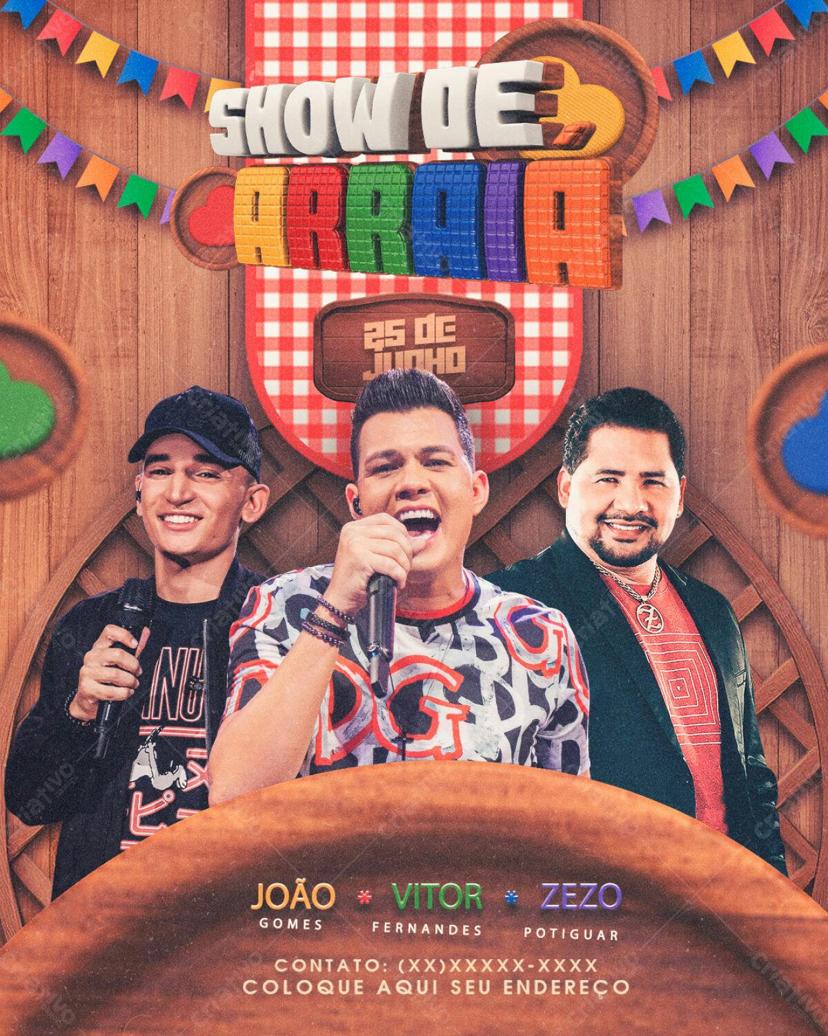 Flyer Festa Junina com João Gomes, Vitor Fernandes e Zezo PSD Editável