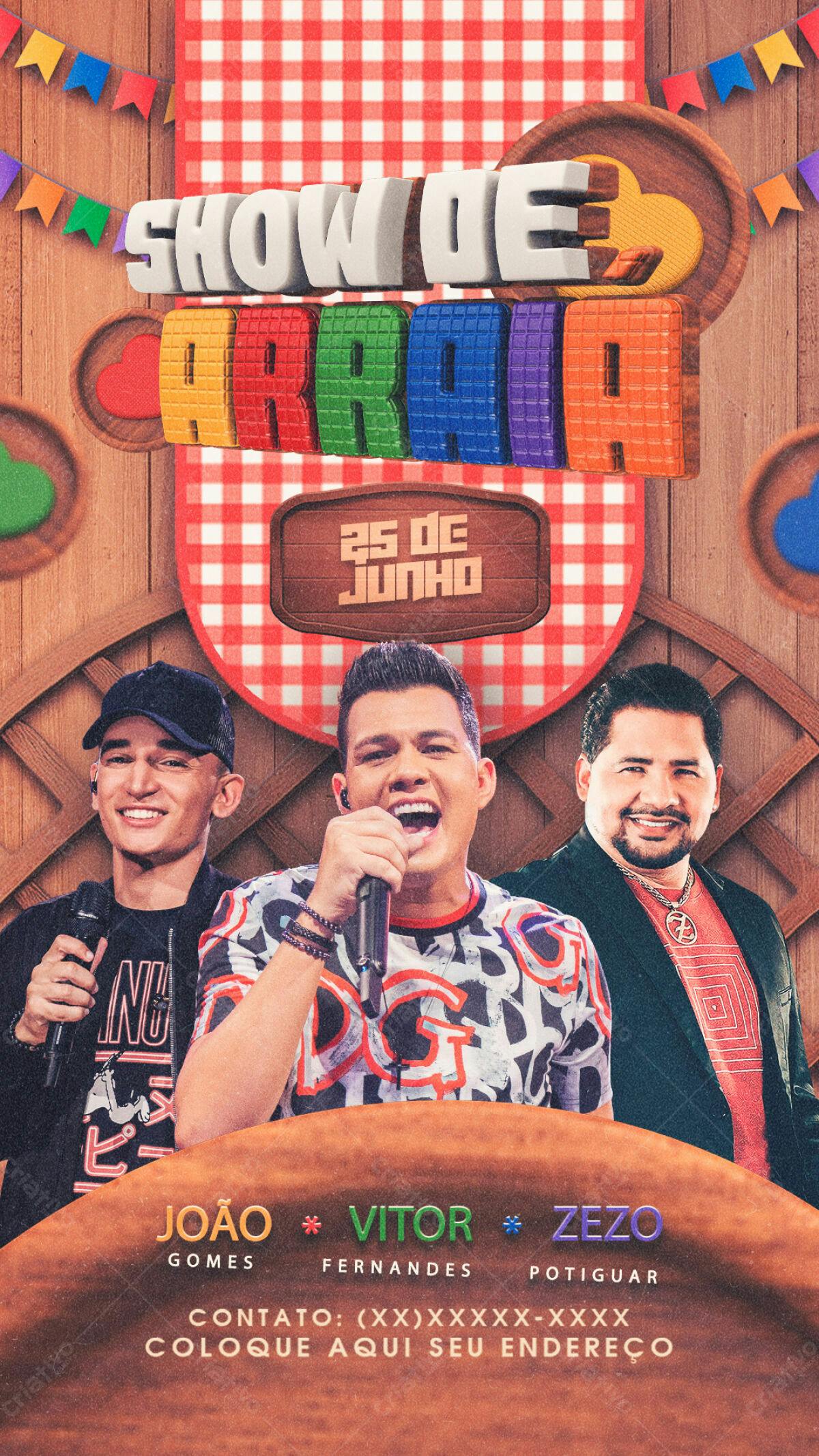 Flyer Festa Junina com João Gomes, Vitor Fernandes e Zezo PSD Editável