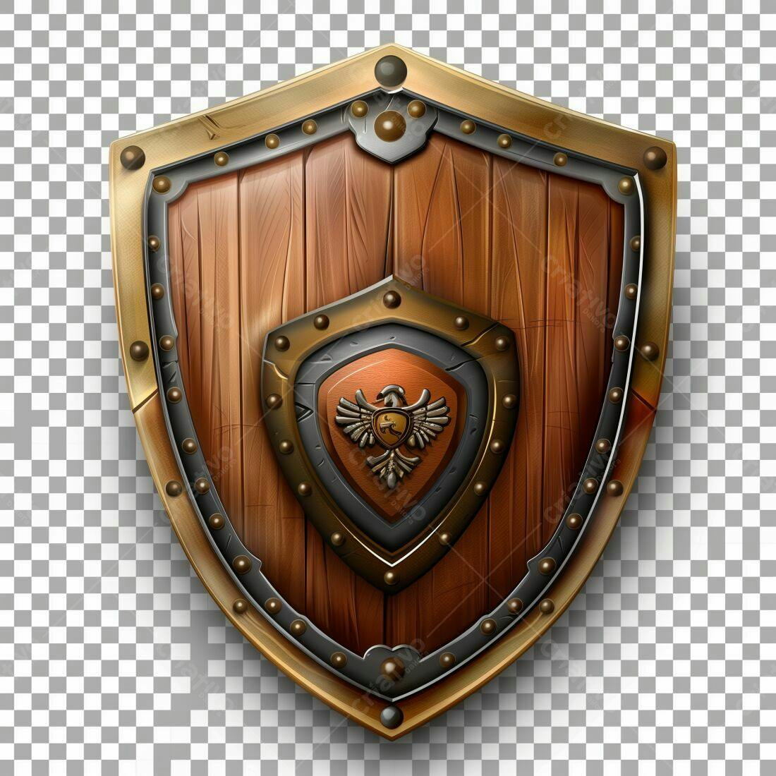Escudo de madeira medieval com brasão
