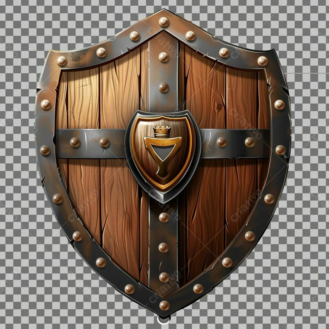 Escudo de madeira medieval com brasão dourado