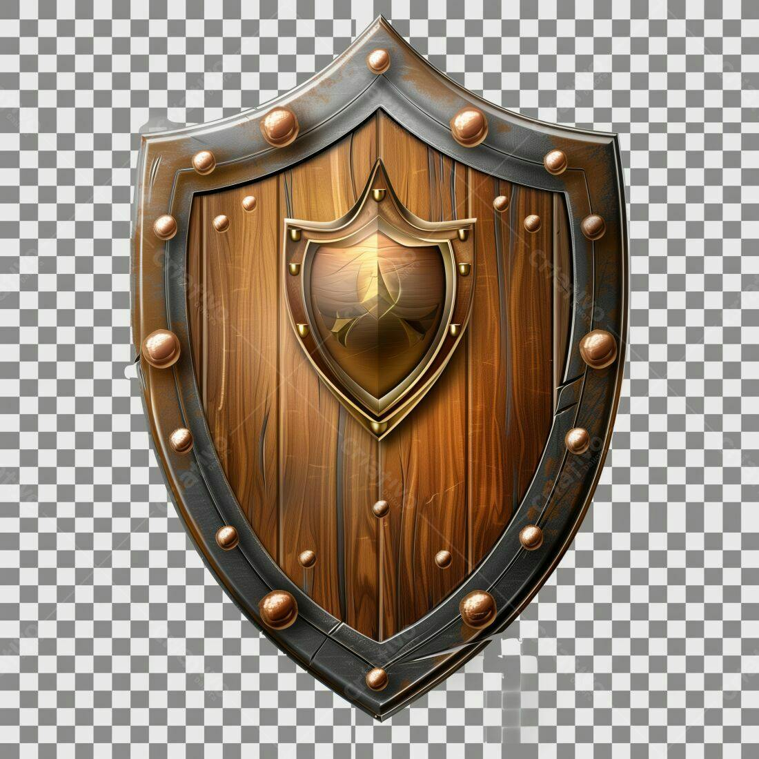 Escudo de madeira medieval com brasão dourado