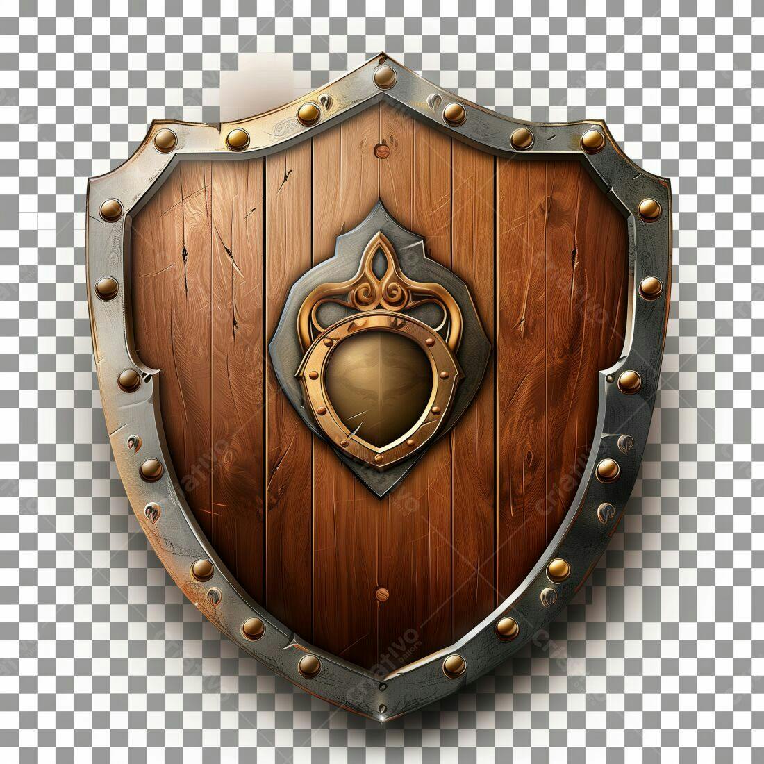 Escudo de madeira medieval com detalhes dourados
