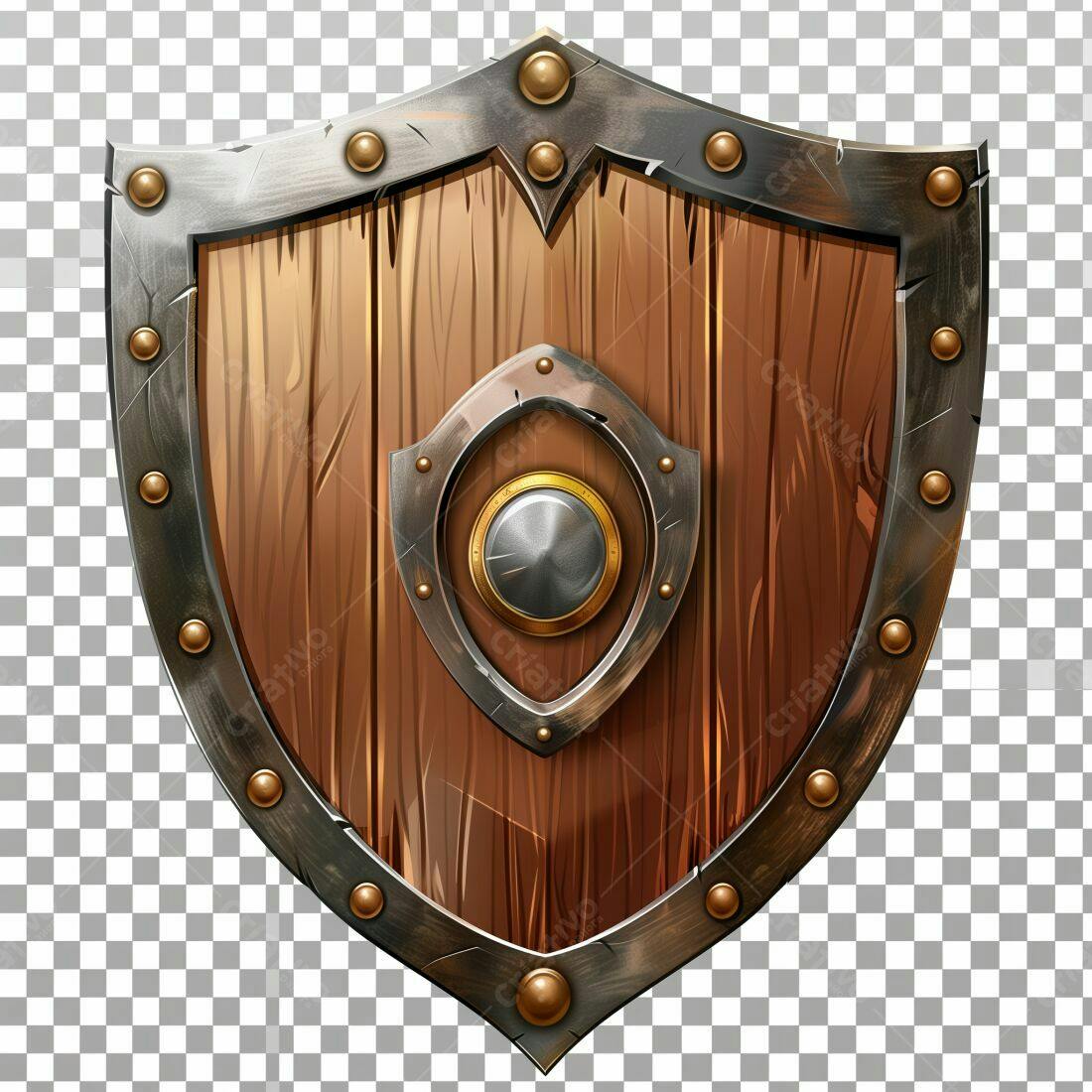 Escudo de madeira medieval com detalhes em metal