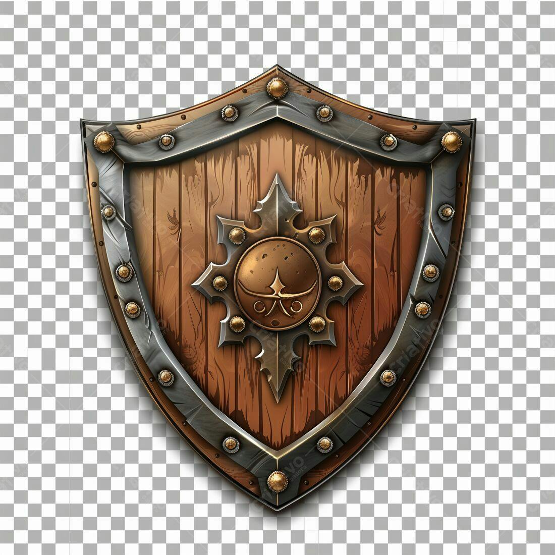 Escudo de madeira medieval com detalhes em metal