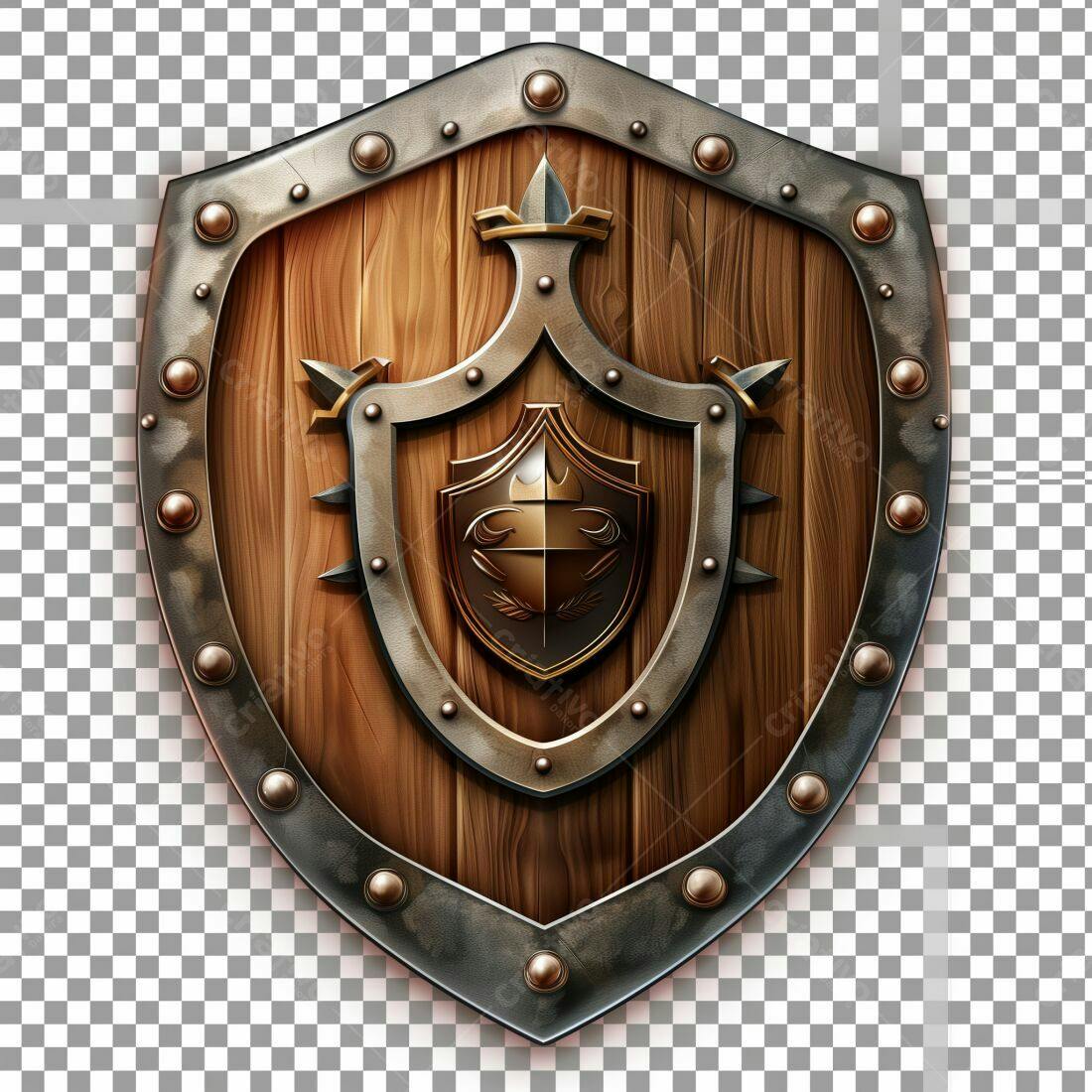 Escudo de madeira medieval com detalhes em metal