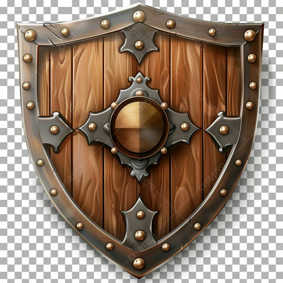 Escudo de madeira medieval com detalhes em metal