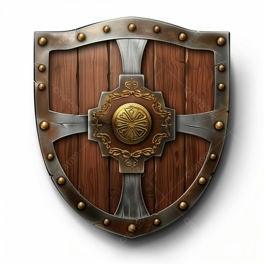 Escudo de madeira medieval com detalhes em dourado