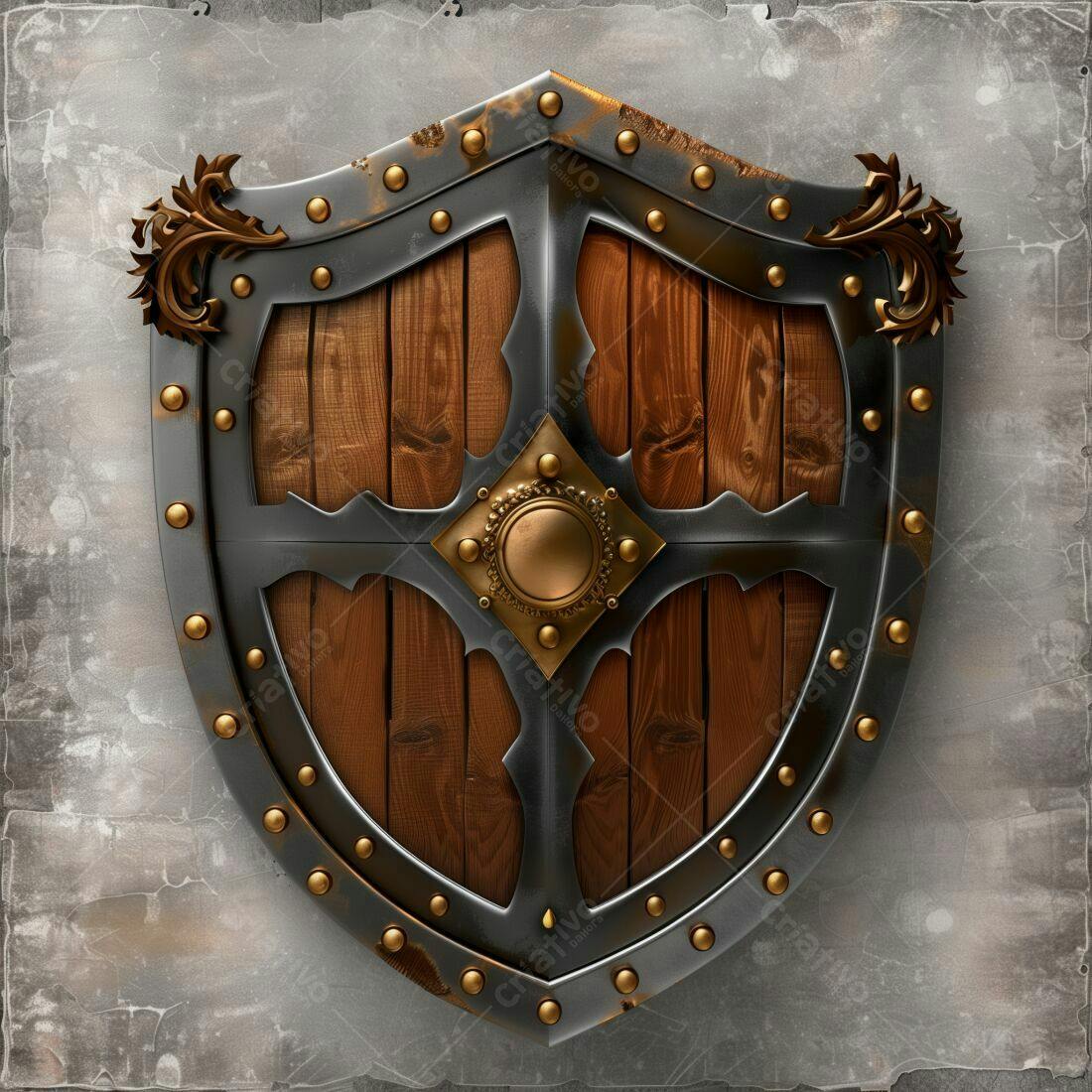 Escudo medieval de madeira e metal