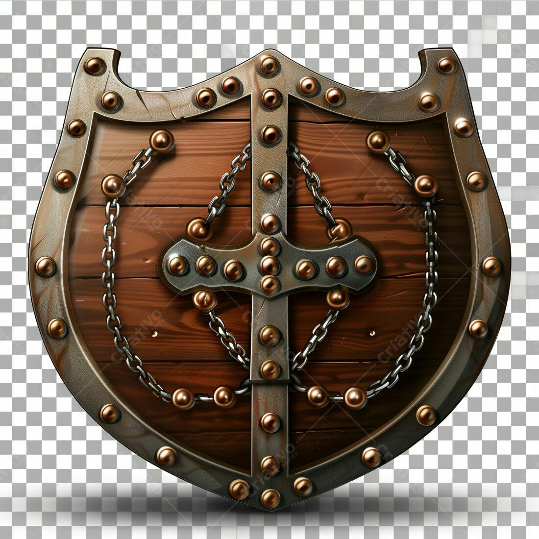 Escudo de madeira medieval com correntes