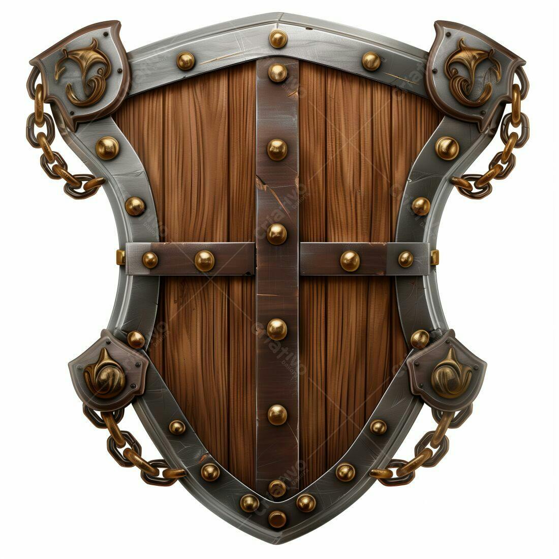 Escudo de madeira medieval com detalhes em metal