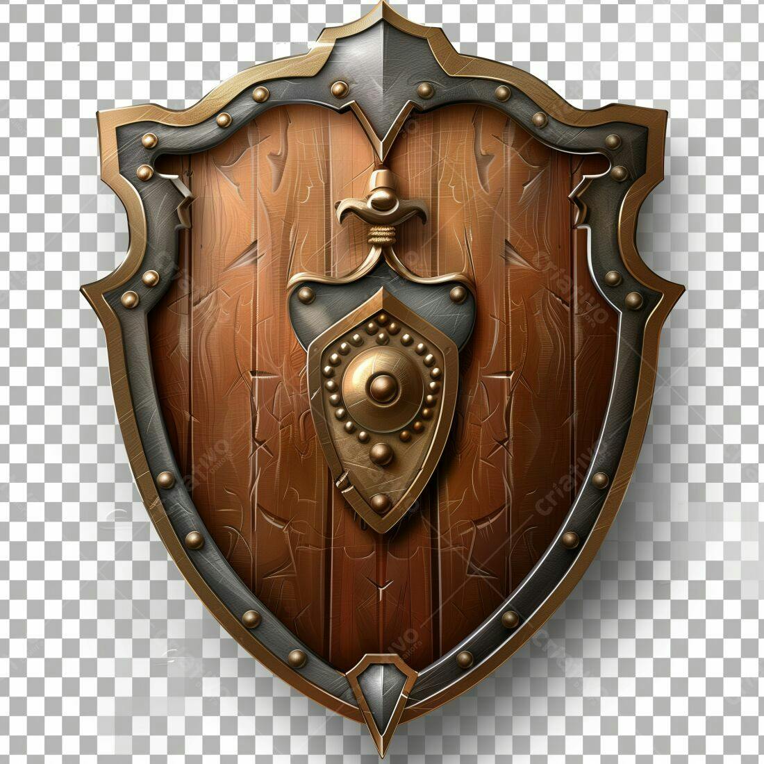 Escudo de madeira medieval com detalhes em metal