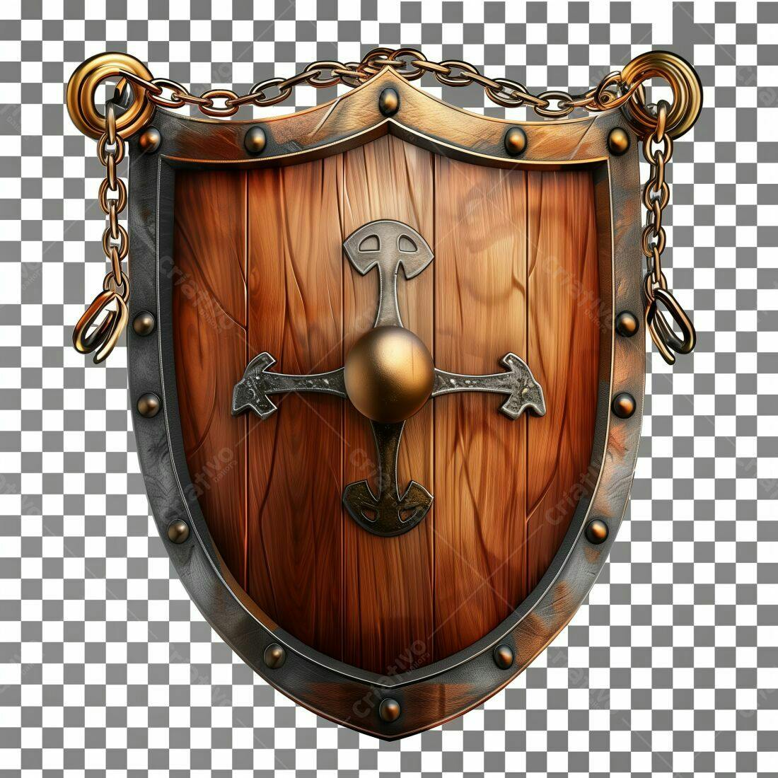 Escudo de madeira medieval com correntes