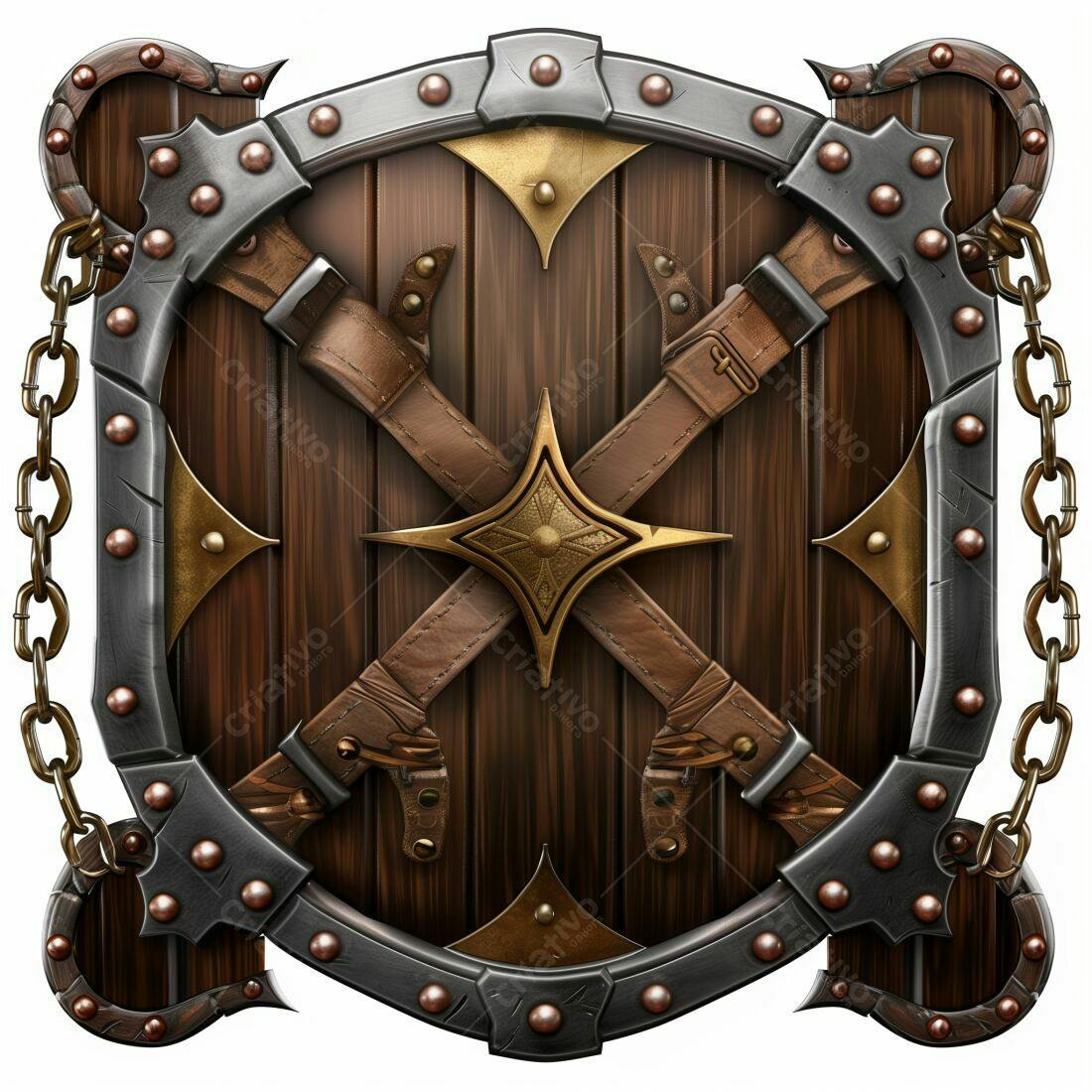 Escudo de madeira medieval com detalhes em metal