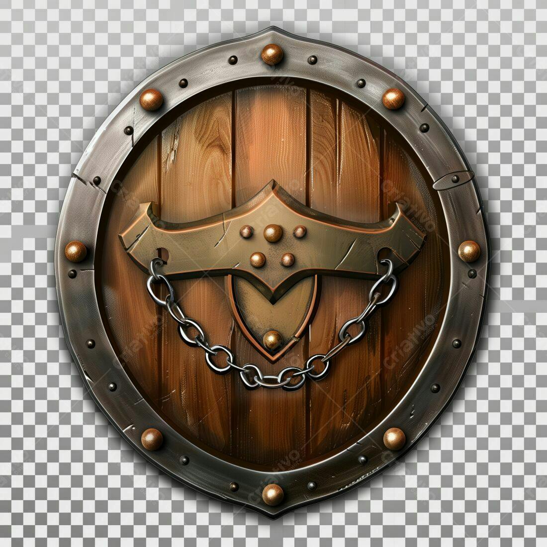 Escudo de madeira medieval com corrente