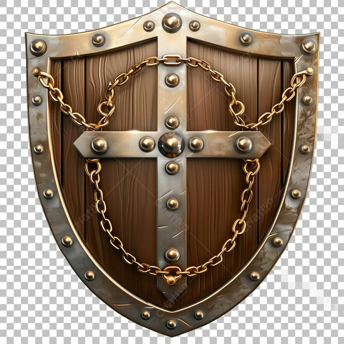 Escudo de madeira medieval com corrente