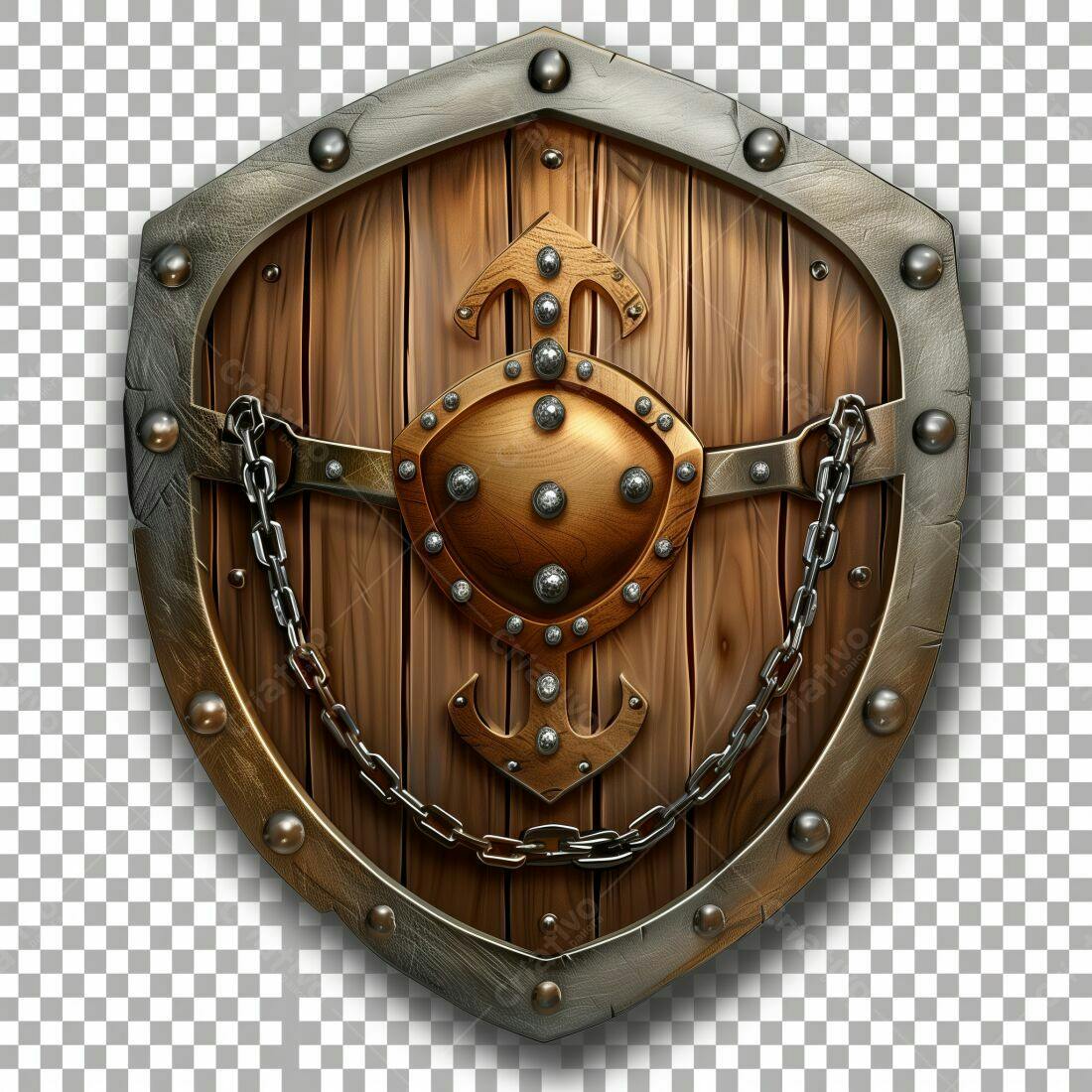 Escudo de madeira medieval com detalhes em bronze