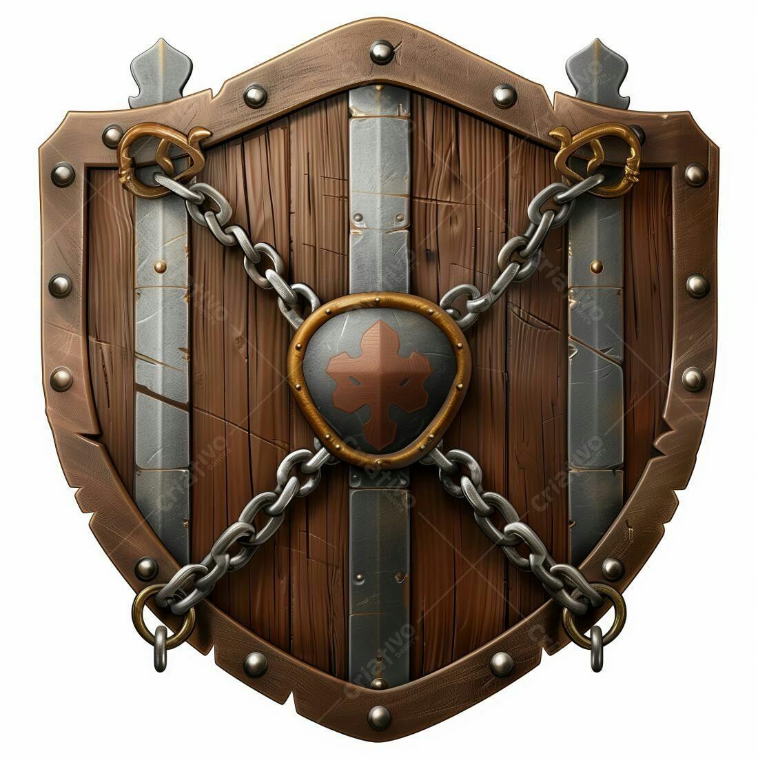 Escudo de madeira medieval com correntes