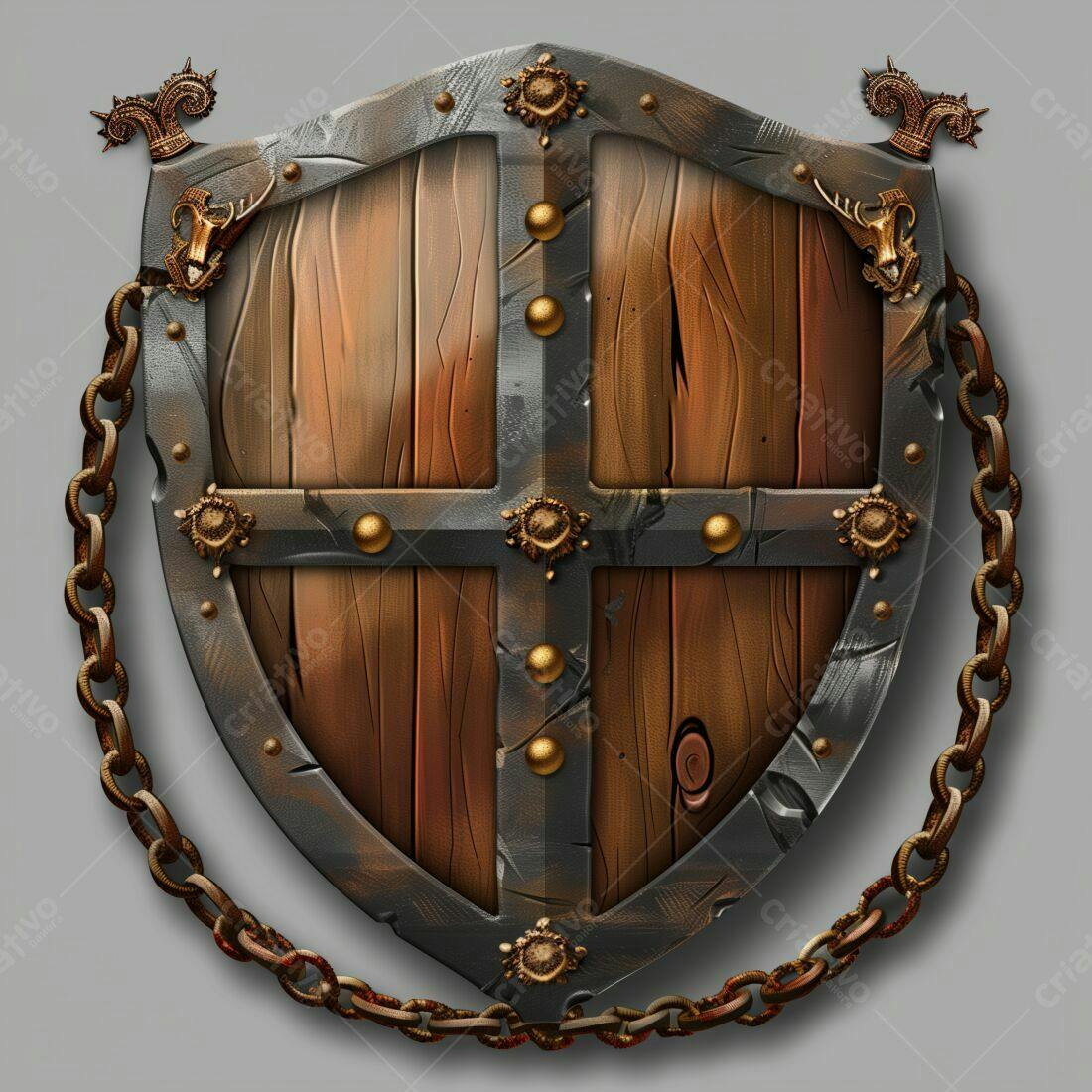 Escudo de madeira medieval com corrente