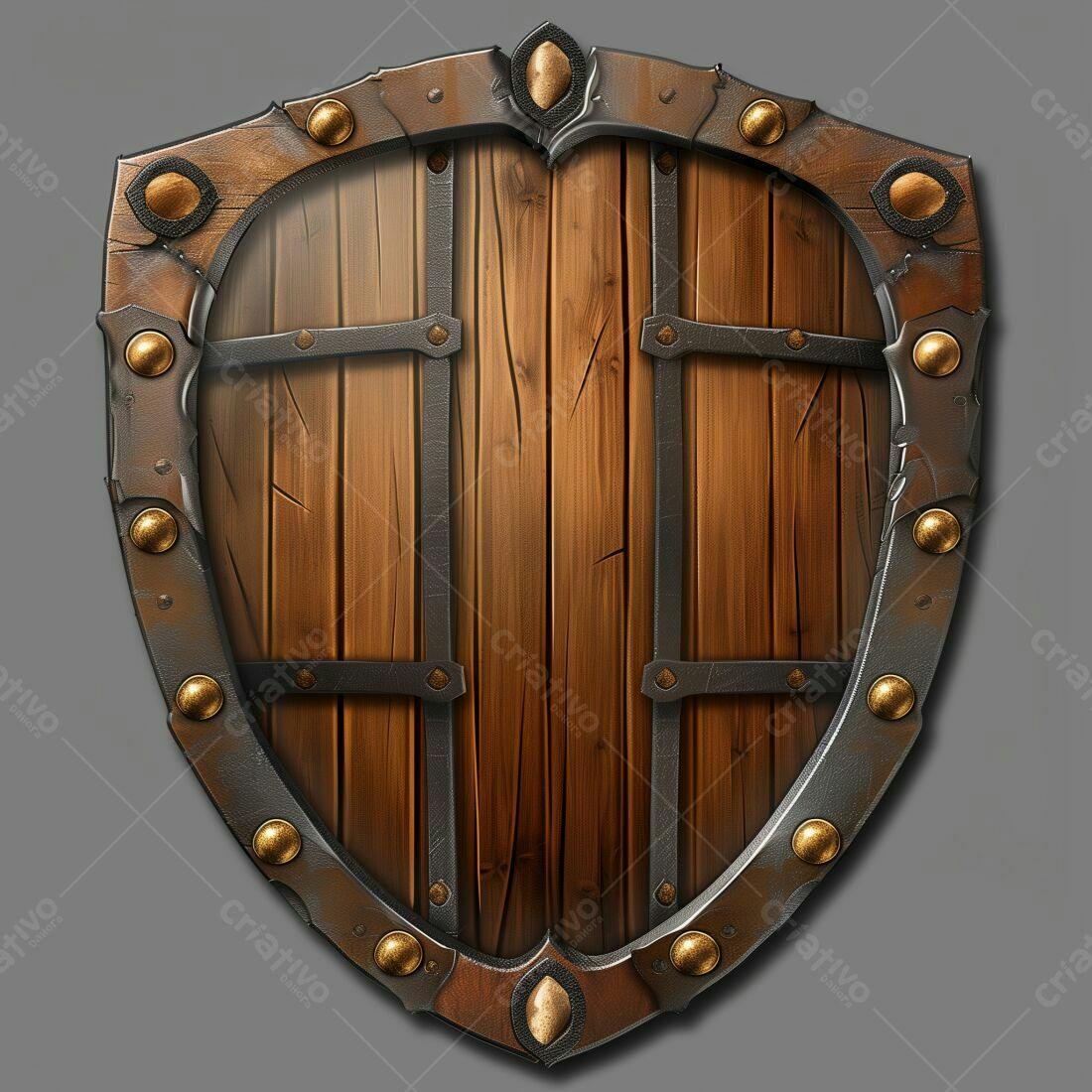 Escudo de madeira medieval com detalhes em metal