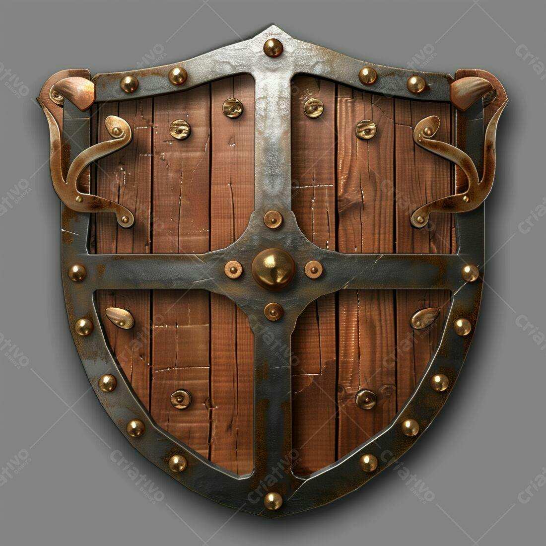 Escudo de madeira e metal medieval