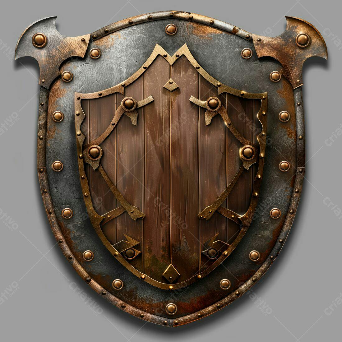 Escudo medieval de madeira e metal enferrujado