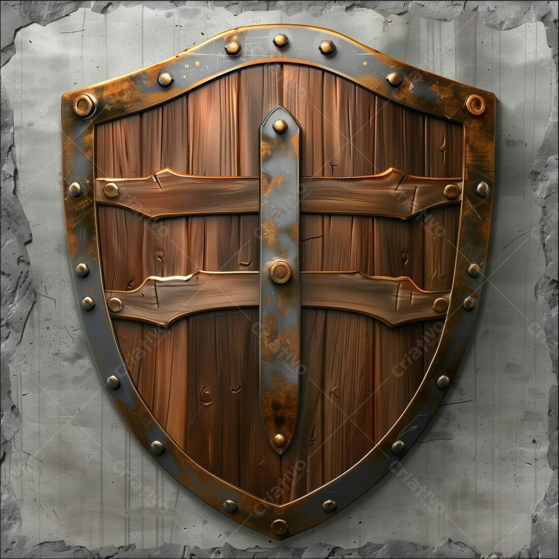Escudo de madeira medieval com detalhes em metal