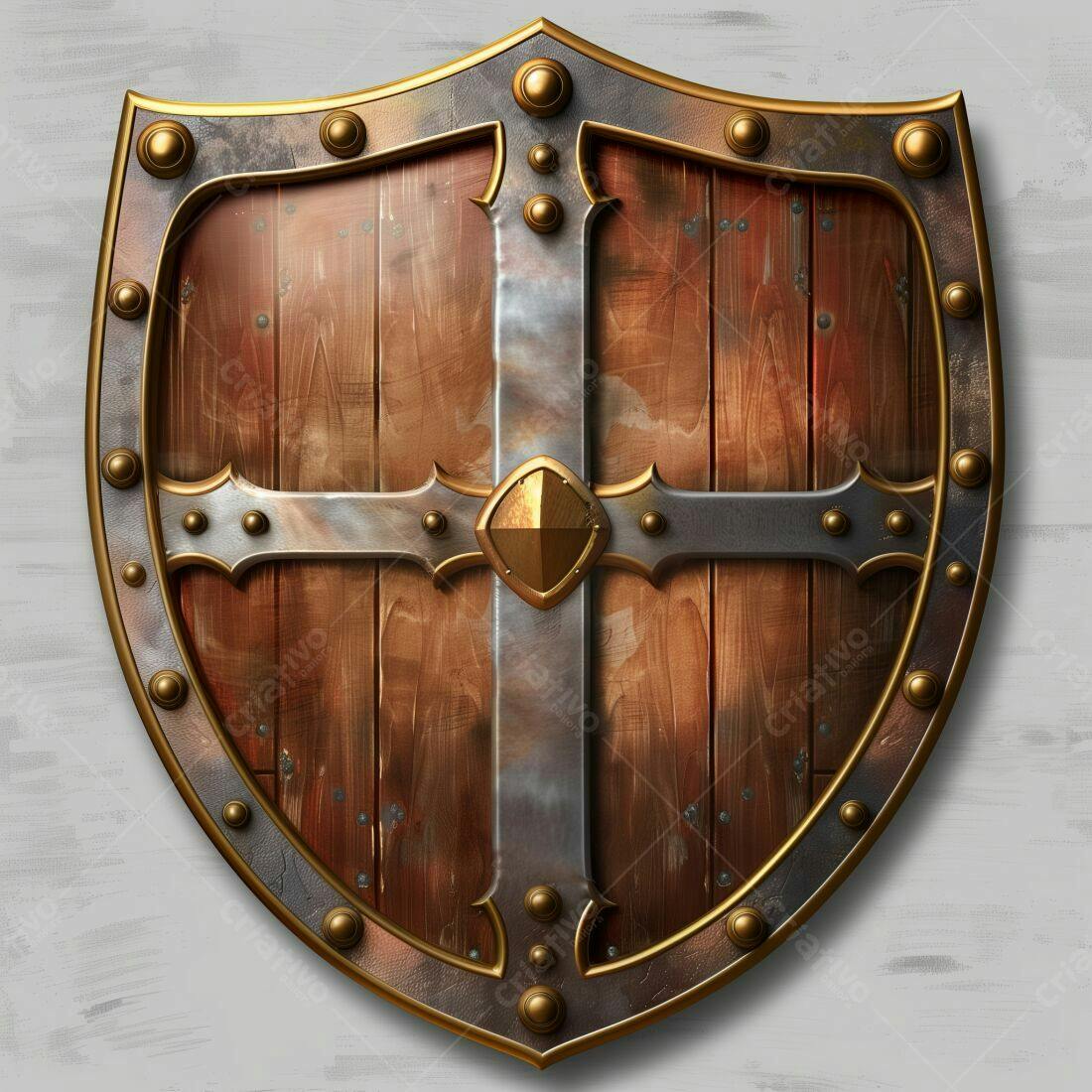 Escudo de madeira medieval com cruz metálica