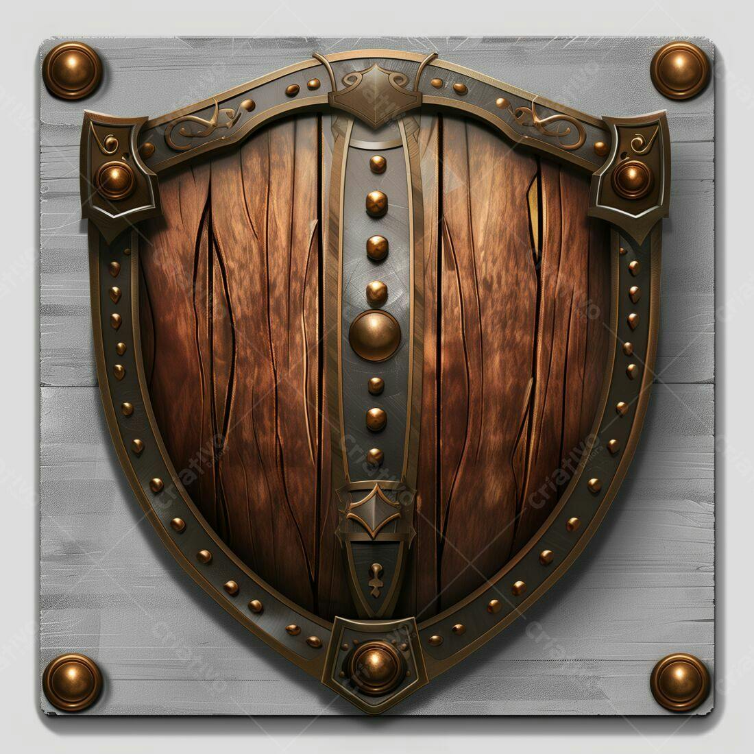 Escudo de madeira medieval com detalhes em bronze