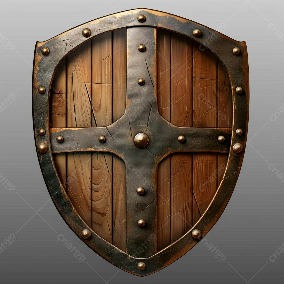 Escudo de madeira medieval com detalhes em metal