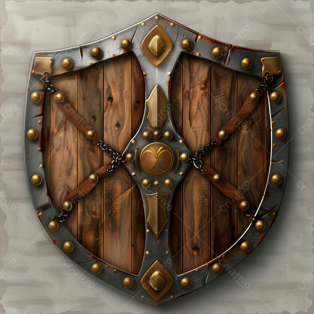 Escudo de madeira medieval com detalhes em metal