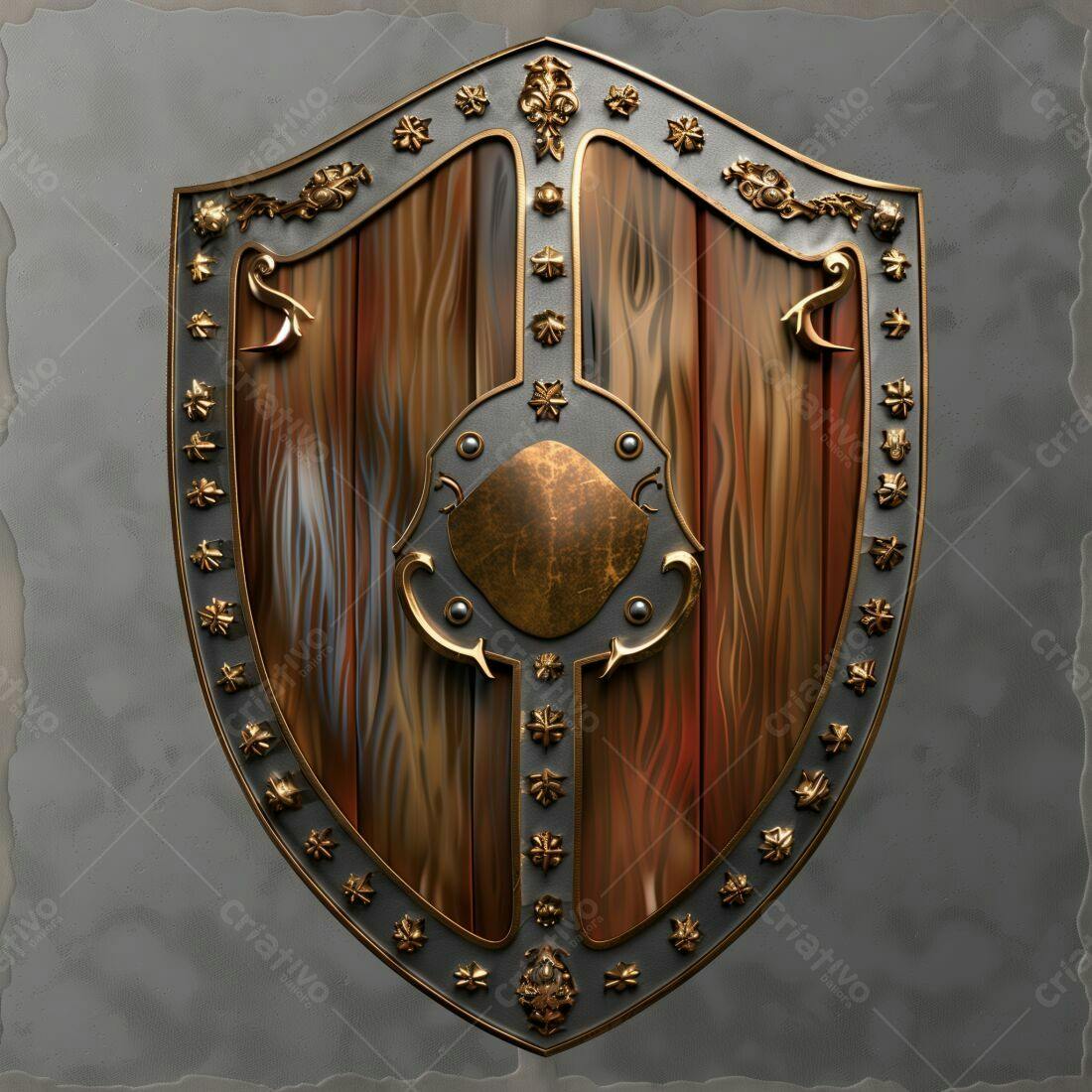 Escudo de madeira medieval dourado e bronze