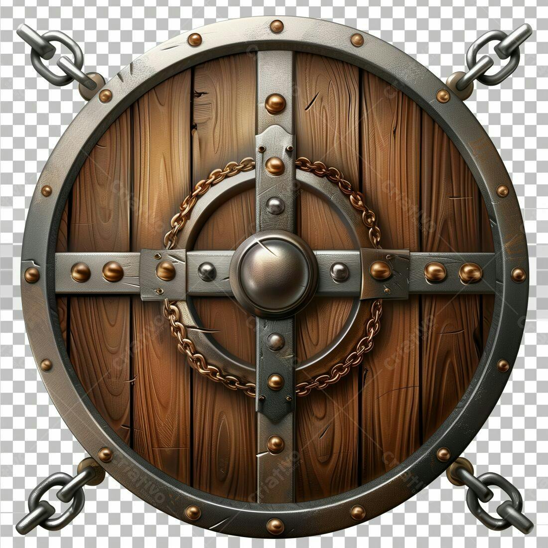 Escudo de madeira medieval com metais