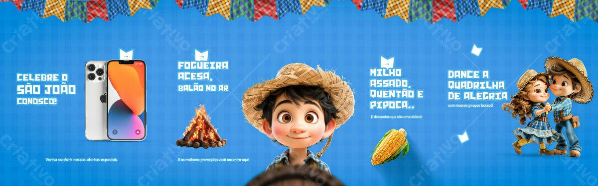 Banner Festa Junina com Personagens Animados PSD Editável