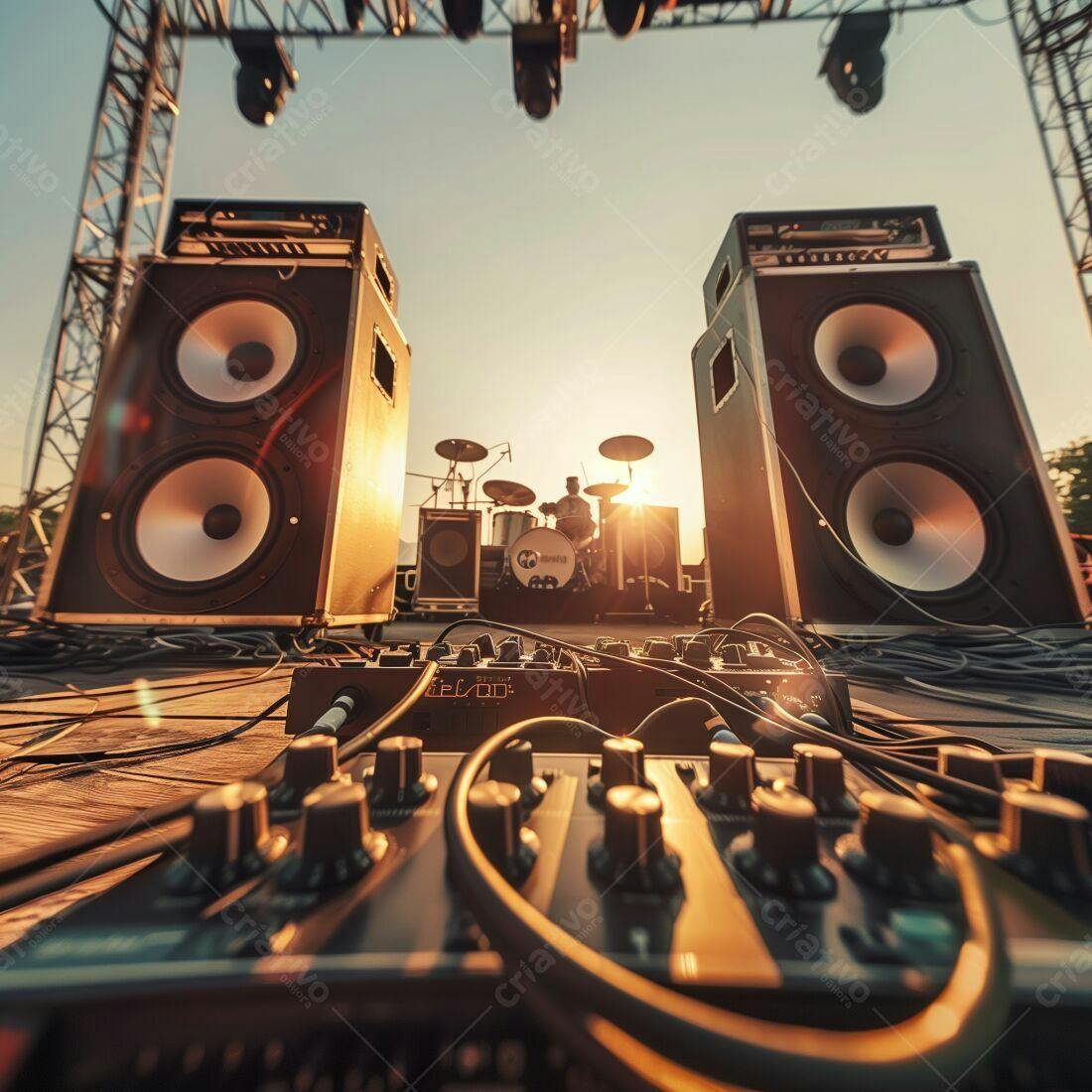 Equipamento de som em palco ao entardecer