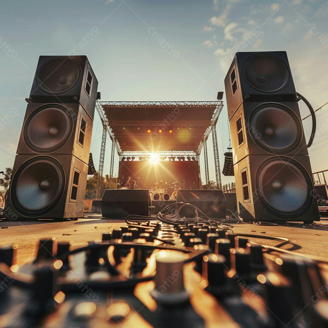 Palco ao entardecer com caixas de som