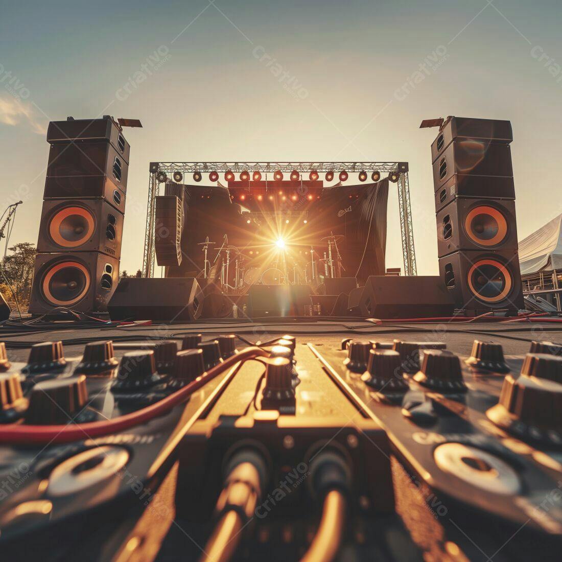 Palco de show ao entardecer com equipamentos de som