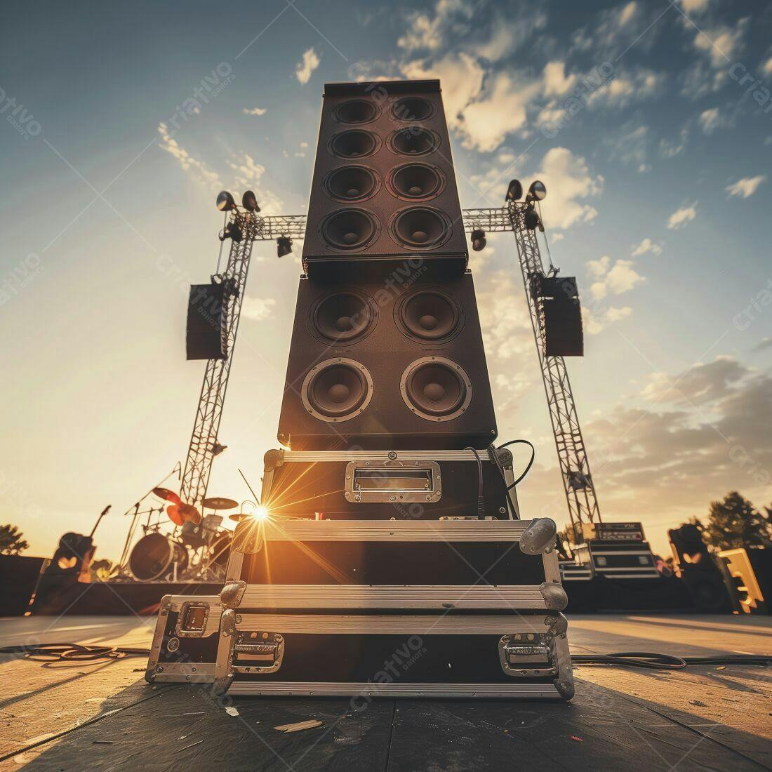 Caixas de Som Gigantes em Palco ao Pôr do Sol